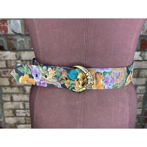 belt cloth covered floral 1980s purple green tan gold